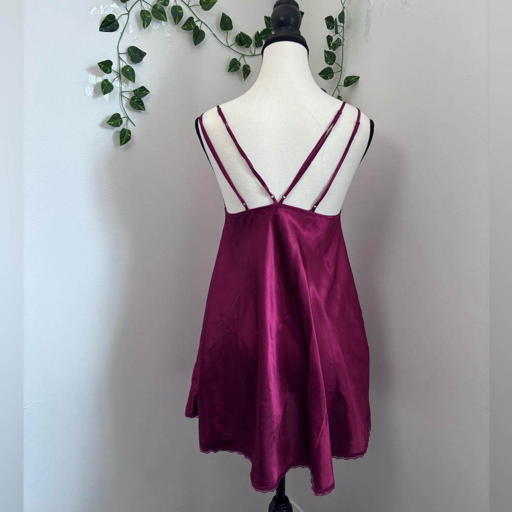 La Vie En Rose Satin Chemise Slip Dress with Lace - Deep Pink Red Size S - Picture 3 of 6